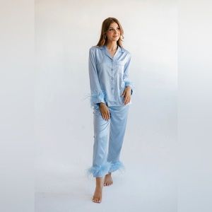 NWT Satin pajamas with ostrich feather trim in French Blue